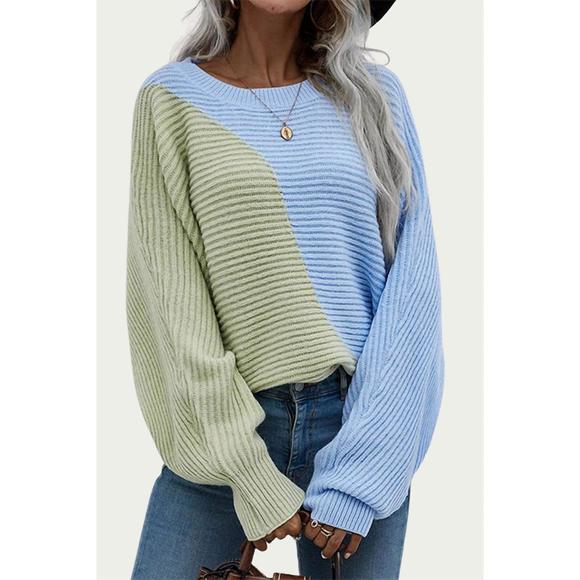 NEW UNISHE cotton-blend colorblock sweater in green/blue - Picture 1 of 2